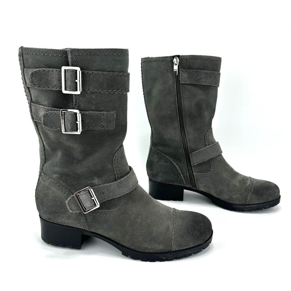 Marc Fisher Arianna Women Gray Moto Boot Size 9 Suede Block Heel Mid-Calf Bootie